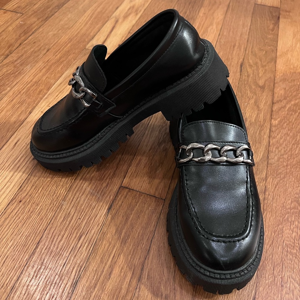 Black Platform Loafers with Chain